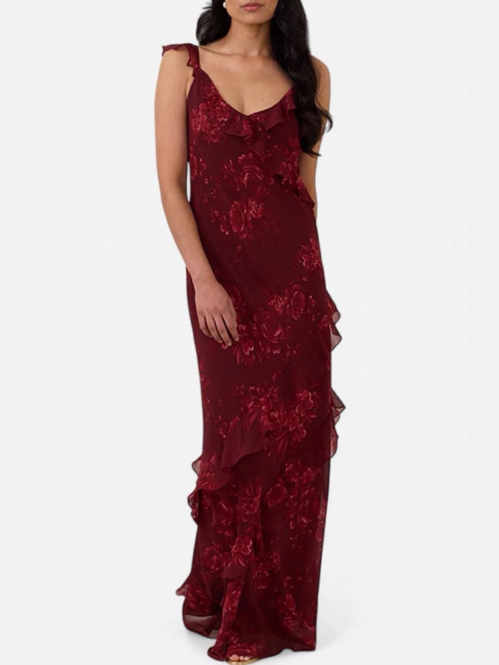 Park & Fifth Burgundy Floral Ruffled Maxi Dress